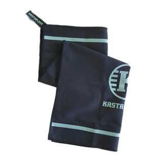 A black towel with a mint-colored Kastaplast logo on it.