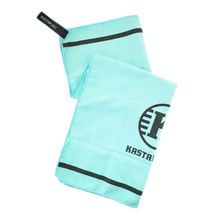 A mint-colored towel with a black Kastaplast logo on it.