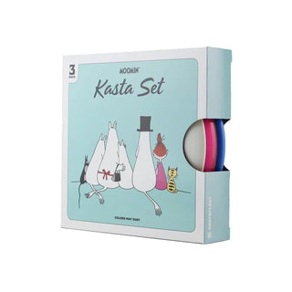 Front view of a moomin-themed disc golf set including three discs.