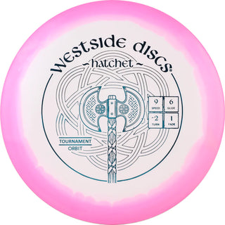 A pink and whiteTournament Orbit Hatchet disc golf disc.