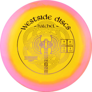 A pink and yellow Tournament Orbit Hatchet disc golf disc.
