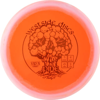 An orange and white VIP-X orbit Pine disc golf disc.