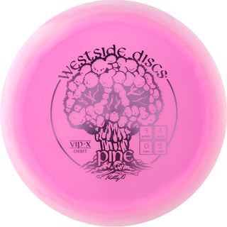 A pink and white VIP-X orbit Pine disc golf disc.