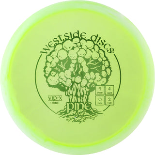 A green and white VIP-X orbit Pine disc golf disc.