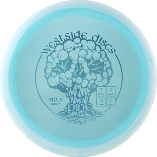 A turquoise and white VIP-X orbit Pine disc golf disc.