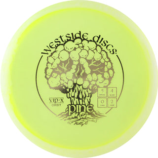 A yellow and white VIP-X orbit Pine disc golf disc.