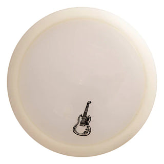 A white Discmania Active Premium Glow Rockstar disc golf fairway driver - stamped with a guitar.