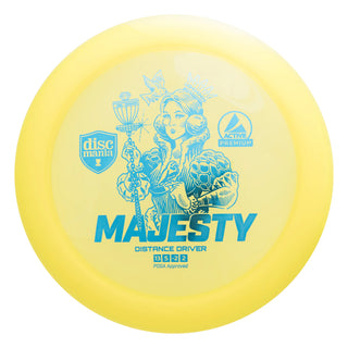 A yellow Discmania Active Premium Majesty disc golf distance driver.