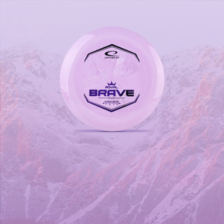 A discgolf disc presented on a background filled with snowy mountains