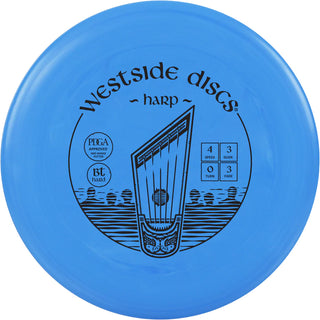 A blue BT Hard Harp disc golf disc.