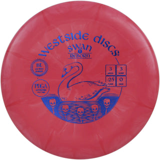 A red and white BT Medium Burst Swan 1 Reborn disc golf disc.