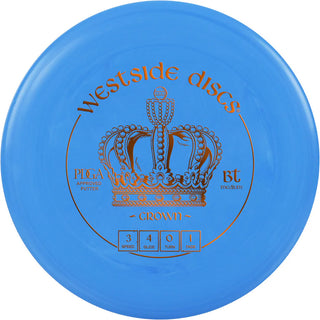 A blue Westside Discs BT Medium Crown disc golf putter.