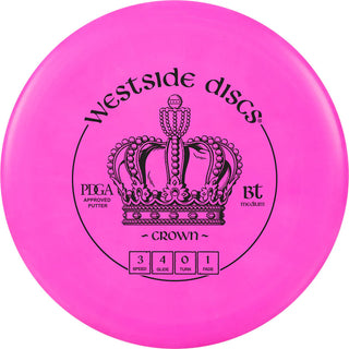 A pink Westside Discs BT Medium Crown disc golf putter.