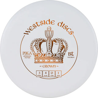 A white BT Medium Crown disc golf disc.