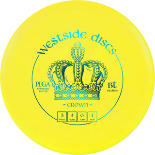 A yellow Westside Discs BT Medium Crown disc golf putter.