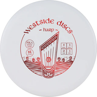 A white BT Medium Harp disc golf disc.