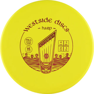 A yellow BT Medium Harp disc golf disc.