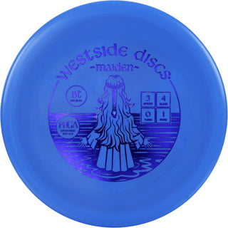 A blue BT Medium Maiden disc golf disc.