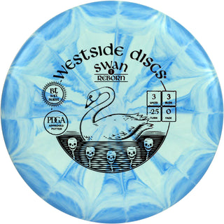 A blue and white BT Soft Burst Swan 1 Reborn disc golf disc.