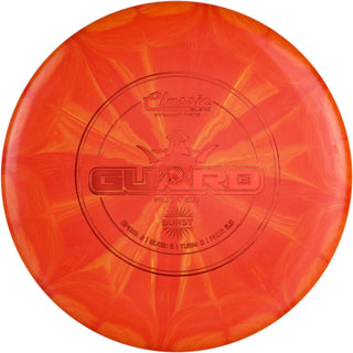A red and yellow Classic Blend Burst Guard disc golf disc.