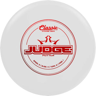 A white Classic Blend Judge disc golf disc.