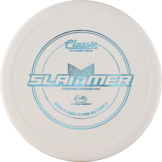 A white Classic Blend Sockibomb Slammer disc golf disc.