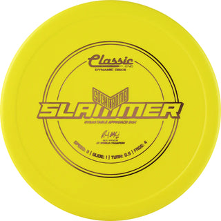 A yellow Classic Blend Sockibomb Slammer disc golf disc.