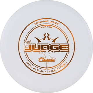 A white Classic Emac Judge disc golf disc.