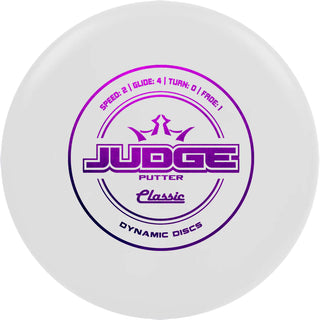 A white Classic Judge disc golf disc.