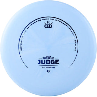 A blue first run Classic Supreme Judge disc golf disc.