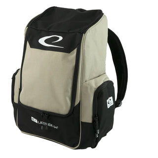 A beige disc golf backpack made by Latitude 64.