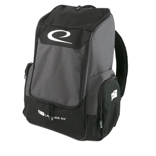 A grey disc golf backpack made by Latitude 64.