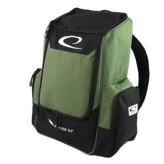 A green disc golf backpack made by Latitude 64.