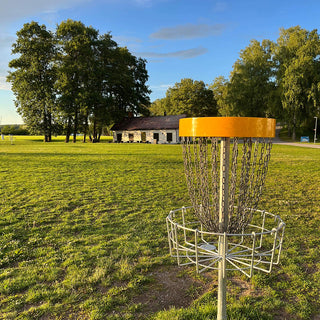A disc golf basket standing on a grassy field with trees and an old house in the background during a sunny evening.