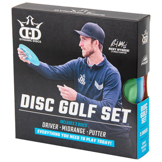 Front view of a disc golf set including three discs.