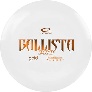 A white Gold Ballista Pro disc golf disc.
