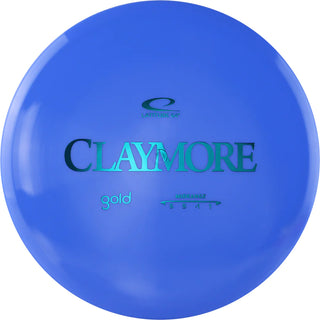 A blue Gold Claymore disc golf disc.