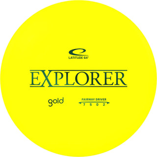 A yellow Gold Explorer disc golf disc.