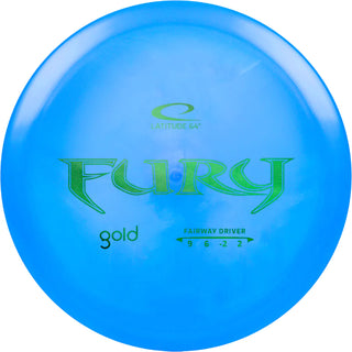 A blue Gold Fury disc golf disc.