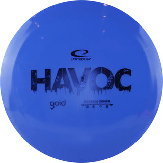 A blue Gold Havoc disc golf disc.