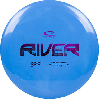 A blue Gold River disc golf disc.