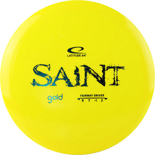 A yellow Gold Saint disc golf disc.