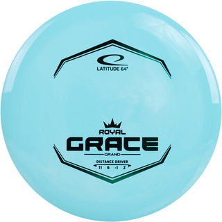 A turquoise Grand Grace disc golf disc.