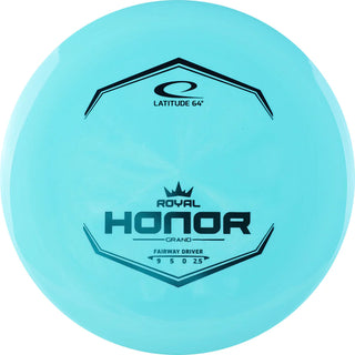 A turquoise Grand Honor disc golf disc.