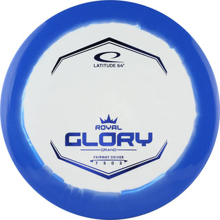 A blue and white Grand Orbit Glory disc golf disc.
