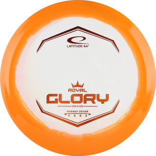 An orange and white Grand Orbit Glory disc golf disc.