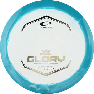 A turquoise and white Grand Orbit Glory disc golf disc.