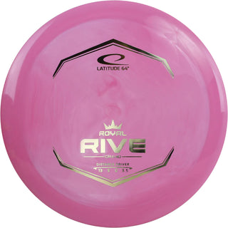 A pink Grand Rive disc golf disc.