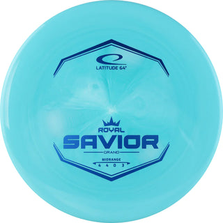 A turquoise Grand Savior disc golf disc.