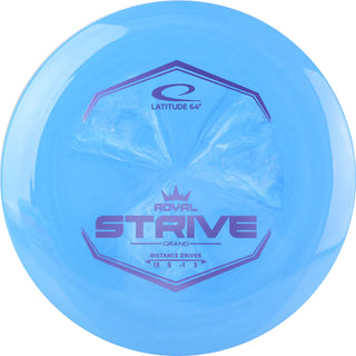 A blue Grand Strive disc golf disc.